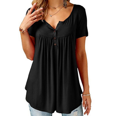 Solid color button loose short sleeve t-shirt top