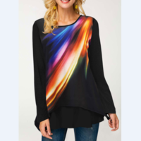 Printed Long Sleeve Round Neck Rainbow Color T Shirt - Thumbnail 1