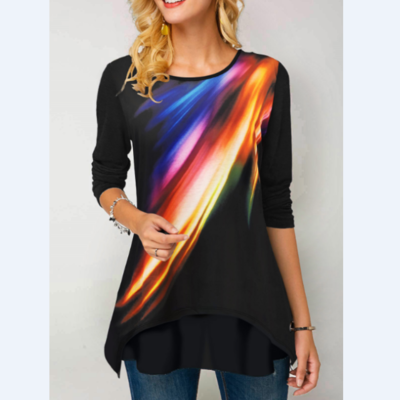 Printed long sleeve round neck rainbow color t shirt - Thumbnail 4