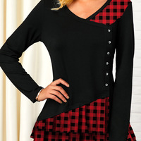 V Neck Printed Button Front T Shirt - Thumbnail 1