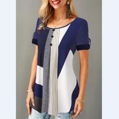 Geometric print round neck button detail blouse