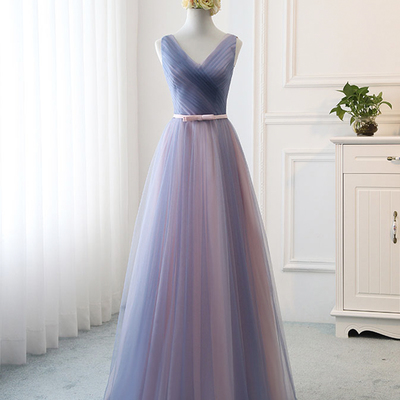 Blue v neck tulle long prom dress evening dress - Thumbnail 5