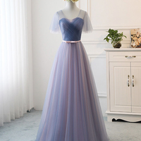 Blue v neck tulle long prom dress evening dress - Thumbnail 1