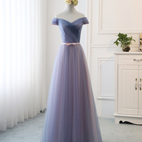 Blue v neck tulle long prom dress evening dress - Thumbnail 3