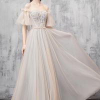 Champagne tulle beads prom dress evening dress - Thumbnail 2