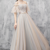 Champagne tulle beads prom dress evening dress - Thumbnail 3