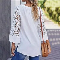 Lace Panel Side Slit Split Neck Blouse - Thumbnail 4