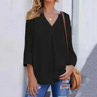 Lace Panel Side Slit Split Neck Blouse - Thumbnail 1