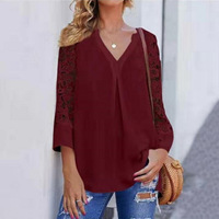 Lace Panel Side Slit Split Neck Blouse - Thumbnail 2