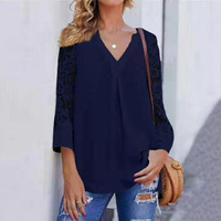 Lace Panel Side Slit Split Neck Blouse - Thumbnail 3