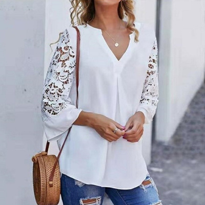 Lace panel side slit split neck blouse