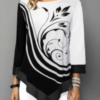 Asymmetric Hem Three Quarter Sleeve Flower Print T Shirt - Thumbnail 1