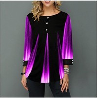 Gradient Button Detail Printed Round Neck T Shirt - Thumbnail 1