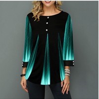 Gradient Button Detail Printed Round Neck T Shirt - Thumbnail 2