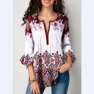 Three quarter sleeve crinkle chest tribal print blouse