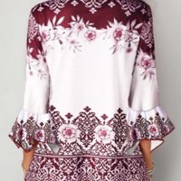Three Quarter Sleeve Crinkle Chest Tribal Print Blouse - Thumbnail 2