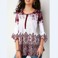 Three Quarter Sleeve Crinkle Chest Tribal Print Blouse - Thumbnail 1