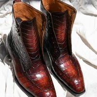 Handmade Men Brown Alligator Texture Leather High Ankle Boots, Leather Boots - Thumbnail 1