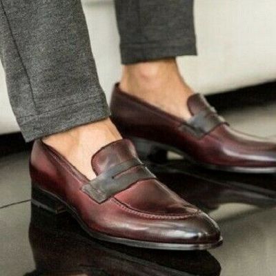 Handmade men burnished brown moccasin shoes, men slip on shoes, formal shoes