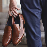 Luxury Men's Brown Handmade Leather Loafer Moccasin Party Wear Shoes - Thumbnail 1