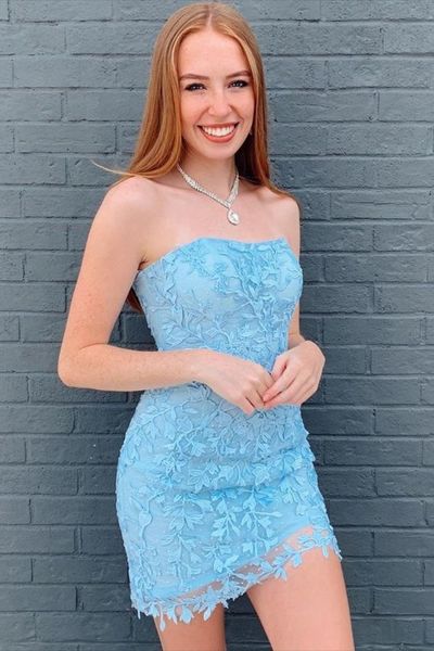 Sexy Bodycon Strapless Short Blue Lace Tight Homecoming Dresses