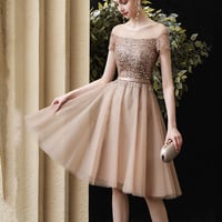 Gold tulle beads short prom dress party dress - Thumbnail 1