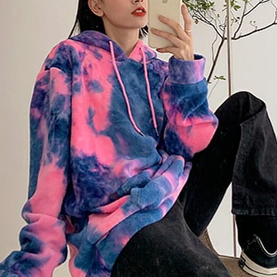 Neon tie dye pink blue gradient fleece hoodie sweatshirt