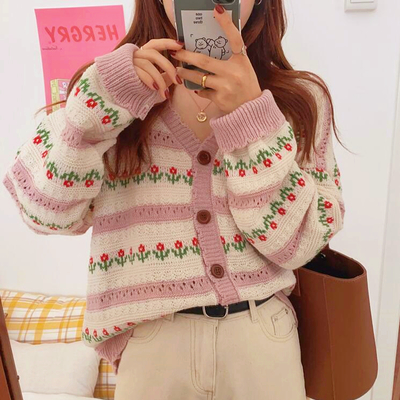 Vintage flower color block stripe knit cardigan