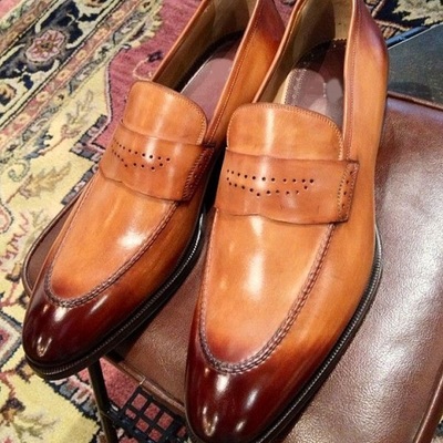 Men two tone leather coolest finishing best handmade penny loafers shoes for gentleman