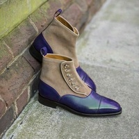 men's navy blue leather camel suede cap toe button ankle high boot available - Thumbnail 4