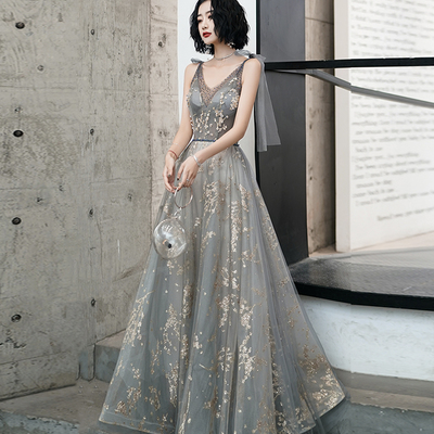 Gray v neck sequins long prom dress evening dress - Thumbnail 4