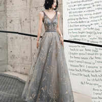 Gray v neck sequins long prom dress evening dress - Thumbnail 1