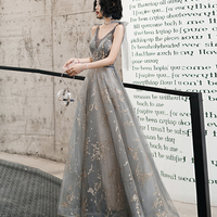 Gray v neck sequins long prom dress evening dress - Thumbnail 3