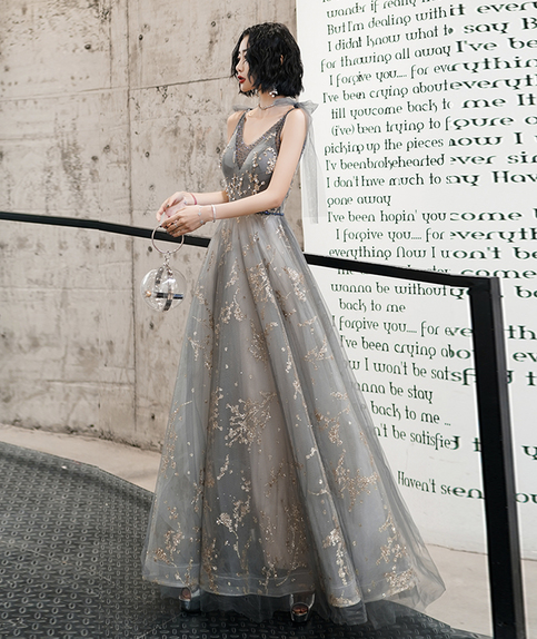 Gray v neck sequins long prom dress evening dress