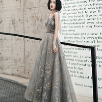 Gray v neck sequins long prom dress evening dress - Thumbnail 5