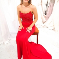 Red Mermaid Strapless Long Prom Dress with Lace-Up Back - Thumbnail 3