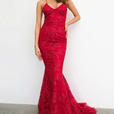 Mermaid lace-up back red long evening dress with lace appliques - Thumbnail 5
