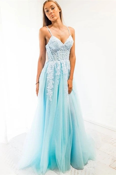 Blue A-line Spaghetti Strap Long Prom Dress with Appliques