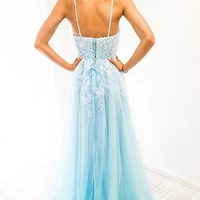 Blue A-line Spaghetti Strap Long Prom Dress with Appliques - Thumbnail 2