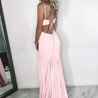 Sexy V Neck Mermaid Pink Prom Evening Dress with Slit - Thumbnail 1