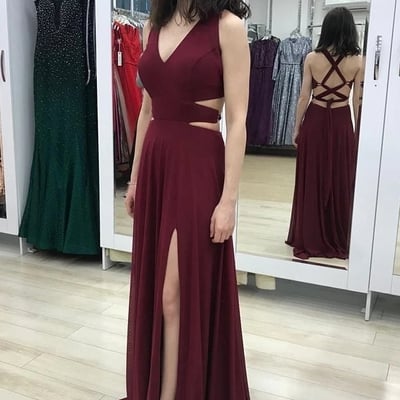 Elegant sheath v neck burgundy long prom dress with slit - Thumbnail 5