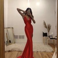 2020 Fashion Sexy Mermaid Deep V Neck Cowl Neck Split Red Satin Long Evening Dresses, Prom Dresses, Party Dresses - Thumbnail 1