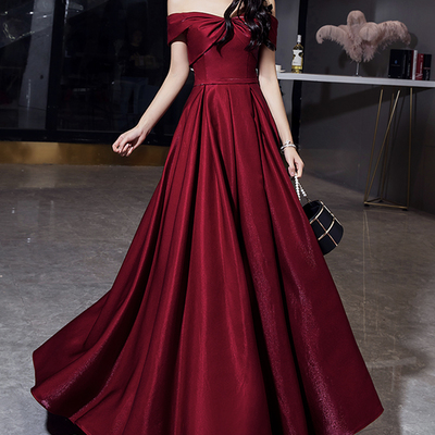 Shiny satin long prom dress burgundy evening dress