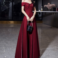 Shiny satin long prom dress burgundy evening dress - Thumbnail 1