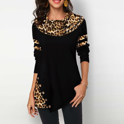 Leopard print long sleeve button detail t shirt