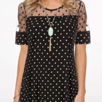 Polka Dot Short Sleeve Lace Patchwork Blouse - Thumbnail 1