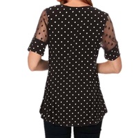 Polka Dot Short Sleeve Lace Patchwork Blouse - Thumbnail 2