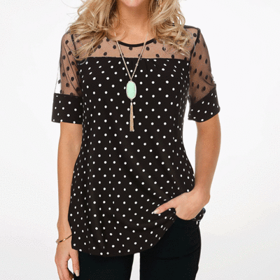 Polka dot short sleeve lace patchwork blouse