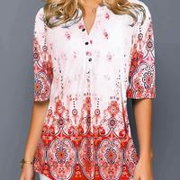 Print Split Neck Button Front Blouse - Thumbnail 4