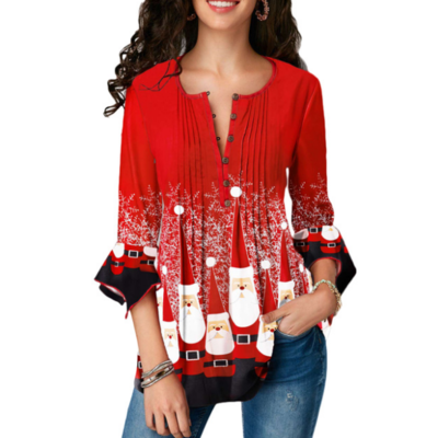 Christmas print flare cuff crinkle chest blouse - Thumbnail 3